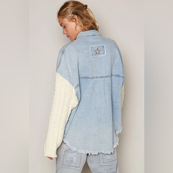 POL Denim & Cable Knit Button Down Shacket - Picture 2 of 9
